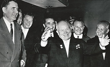 1960, September 21. FA. New York City, New York. HAPPY: Soviet Premier Khrushchev at the UN building with Nikolai Podgorny, right, head of the Ukrainian delegation to the UN. During this UN General Assembly, the Shoe-banging incident happened three weeks later. AP Wirephoto (Front)