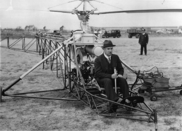 1939, September 14. CA. Stratford, Connecticut. Igor Sikorsky in the cockpit of the VS-300, preparing for the first helicopter flight in the world's history.