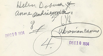 1934, December 10. AB. Detroit, Michigan. Helen Dobush and Anne Andrievna, Ukrainian chorus (Back)