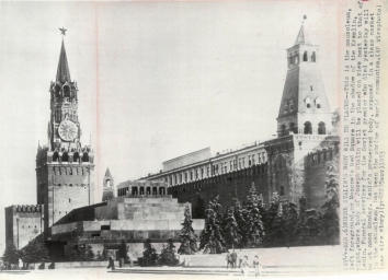 1953, March 6. CA. Moscow, Soviet Russia. WHERE STALIN'S BODY WILL BE PLACED - This is the mausoleum, left foreground, on Moscow's Red Square in the shadow of the Kremlin, right, where body of Joseph Stalin will be placed on view next to that of Lenin. Funeral services for the Soviet premier who died yesterday will be at noon Monday. Lenin's preserved body, exposed in a glass casket in the mausoleum, has been the shrine of world communism. AP Wirephoto (Front)
