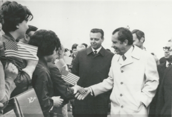 1972, May 29. GA. Kyiv, Soviet Ukraine. THEIR VISITOR. President Nixon shakes hands with Kyiv residents. AP Wirephoto from TASS (Front)