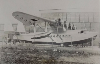 1934, February 14. AA. Stratford, Connecticut. LARGEST PLANE DESIGNED FOR TRANS-OCEANIC FLIGHTS. Here is America's largest plane and first air transport designed for passenger and mail flights over the ocean. Sikorsky Aviation Company Plant in Stratford, Conn. The huge flighing boat, known as the S-42, has room for 32 passengers, a crew of five, and a half-ton of mail on a 2,500-mile flight. ACME Photo (Front)